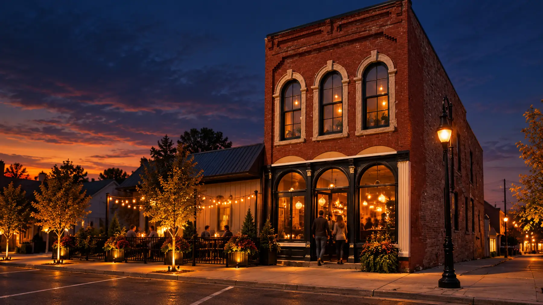 The restored red-brick Andy's Place building on Broad Street, lit up at dusk